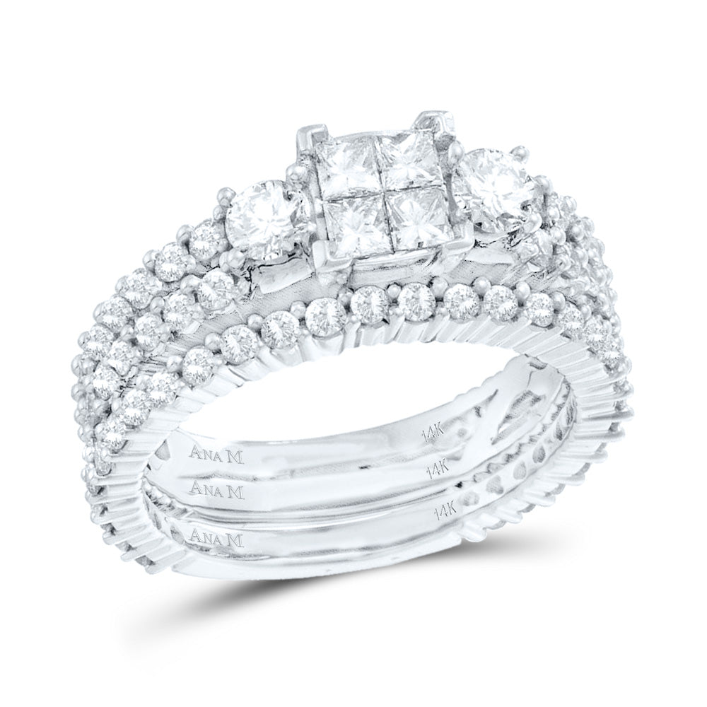 14kt White Gold Womens Princess Diamond Cluster Bridal Wedding Engagement Ring Band Set 2.00 Cttw