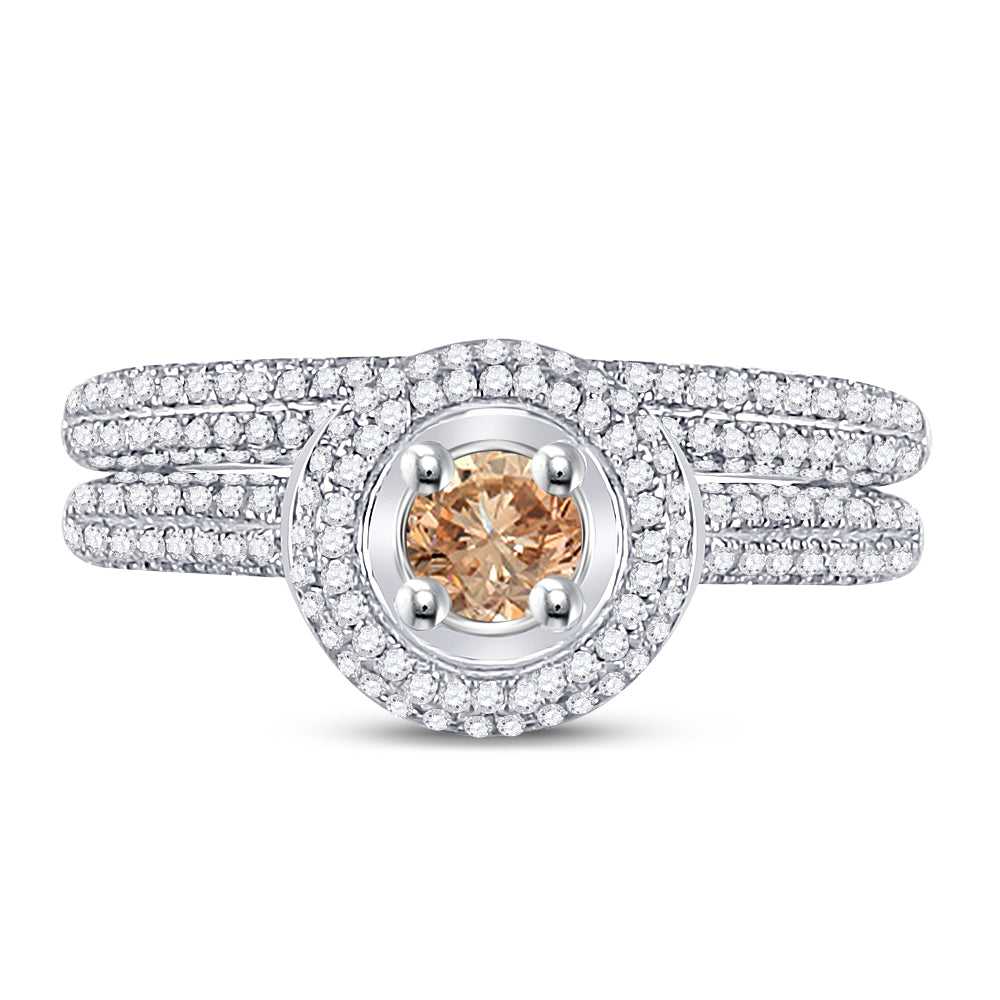 14kt White Gold Womens Round Brown Diamond Bridal Wedding Engagement Ring Band Set 1-1/4 Cttw