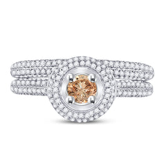 14kt White Gold Womens Round Brown Diamond Bridal Wedding Engagement Ring Band Set 1-1/4 Cttw