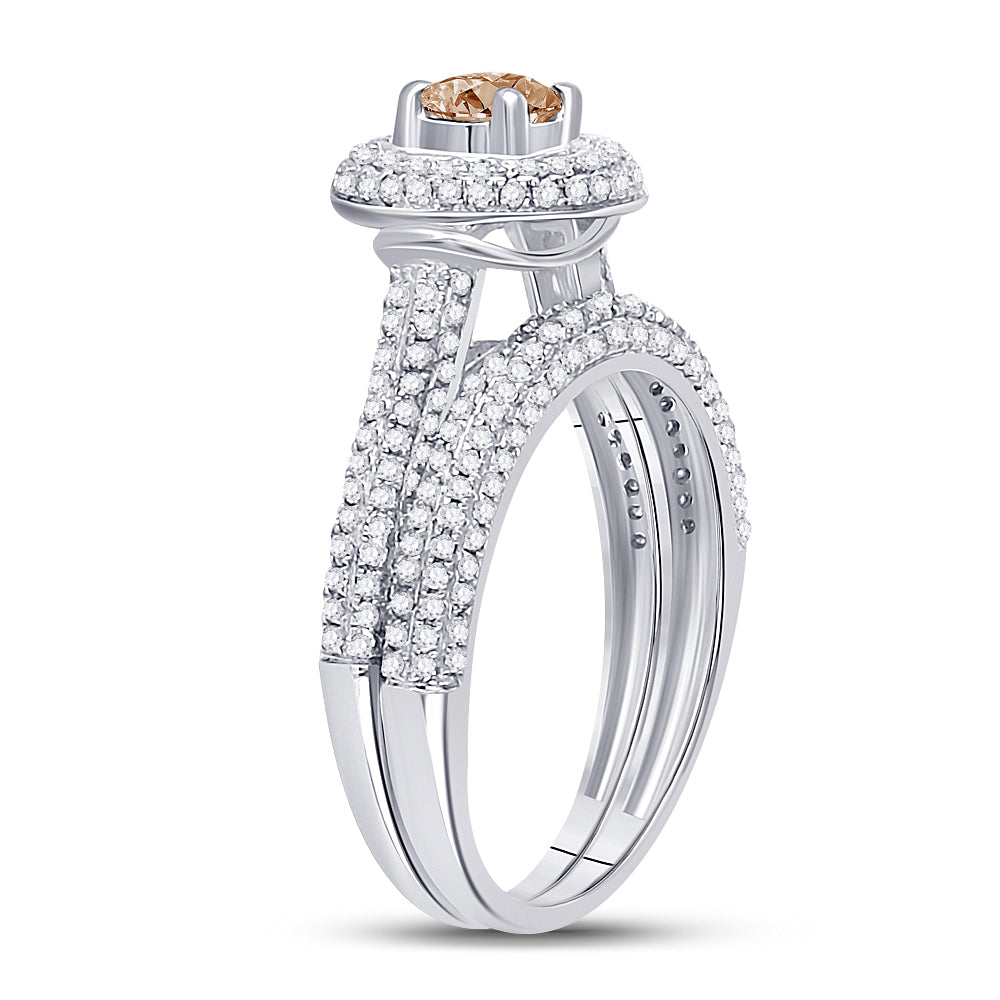 14kt White Gold Womens Round Brown Diamond Bridal Wedding Engagement Ring Band Set 1-1/4 Cttw
