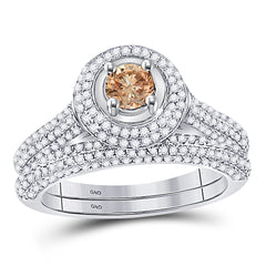 14kt White Gold Womens Round Brown Diamond Bridal Wedding Engagement Ring Band Set 1-1/4 Cttw