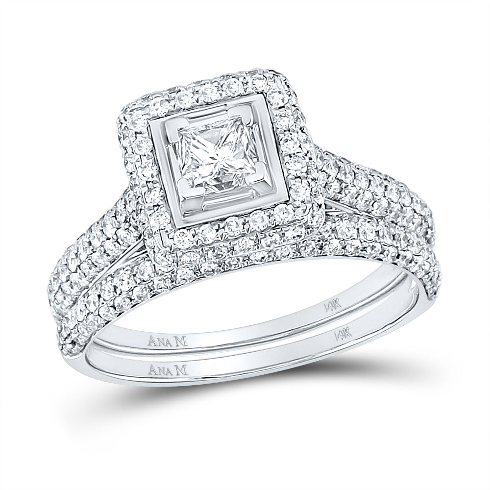 14kt White Gold Womens Princess Diamond Halo Bridal Wedding Engagement Ring Band Set 1-1/4 Cttw