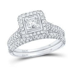 14kt White Gold Womens Princess Diamond Halo Bridal Wedding Engagement Ring Band Set 1-1/4 Cttw