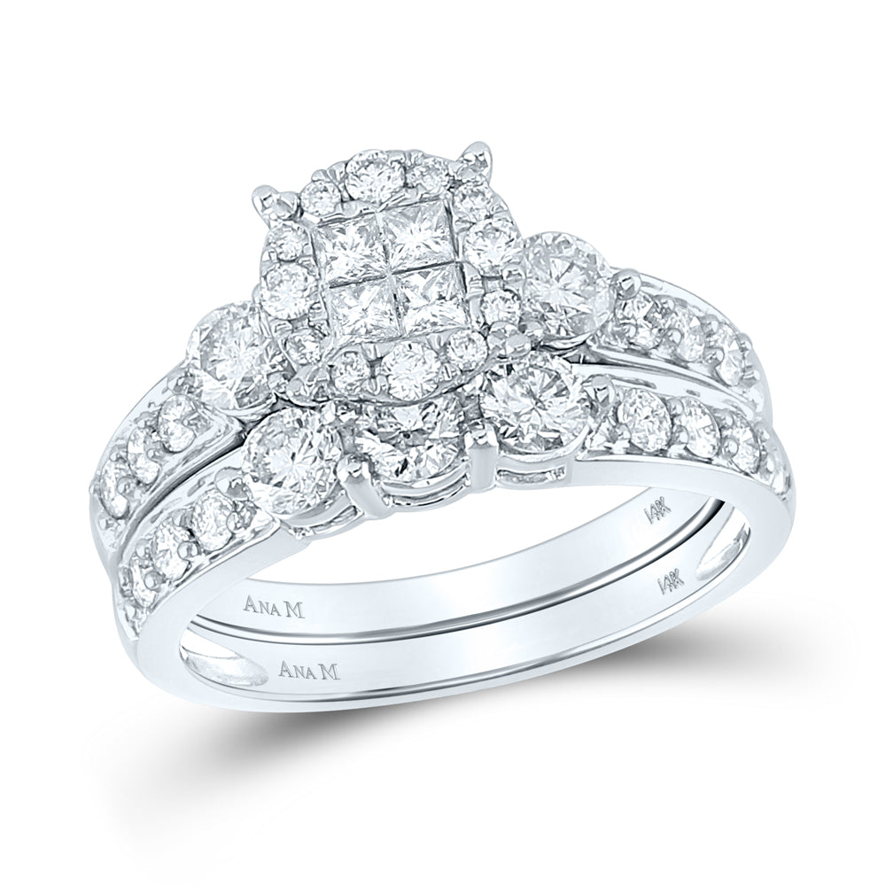 14kt White Gold Womens Princess Diamond Bridal Wedding Engagement Ring Band Set 1-1/2 Cttw
