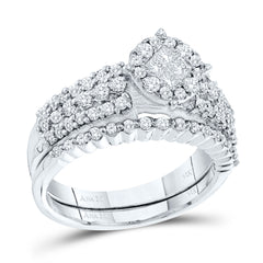 14kt White Gold Womens Princess Diamond Bridal Wedding Engagement Ring Band Set 1-1/5 Cttw