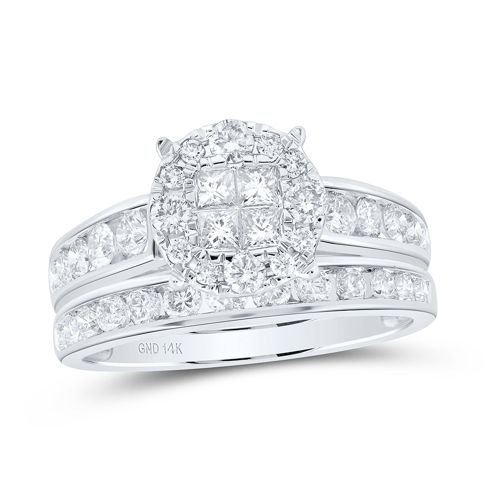 14K White Gold Womens Diamond Cluster Bridal Wedding Engagement Ring Band Set 1-3/8 CTW 5.35 Gram