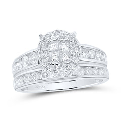 14K White Gold Womens Diamond Cluster Bridal Wedding Engagement Ring Band Set 1-3/8 CTW 5.35 Gram