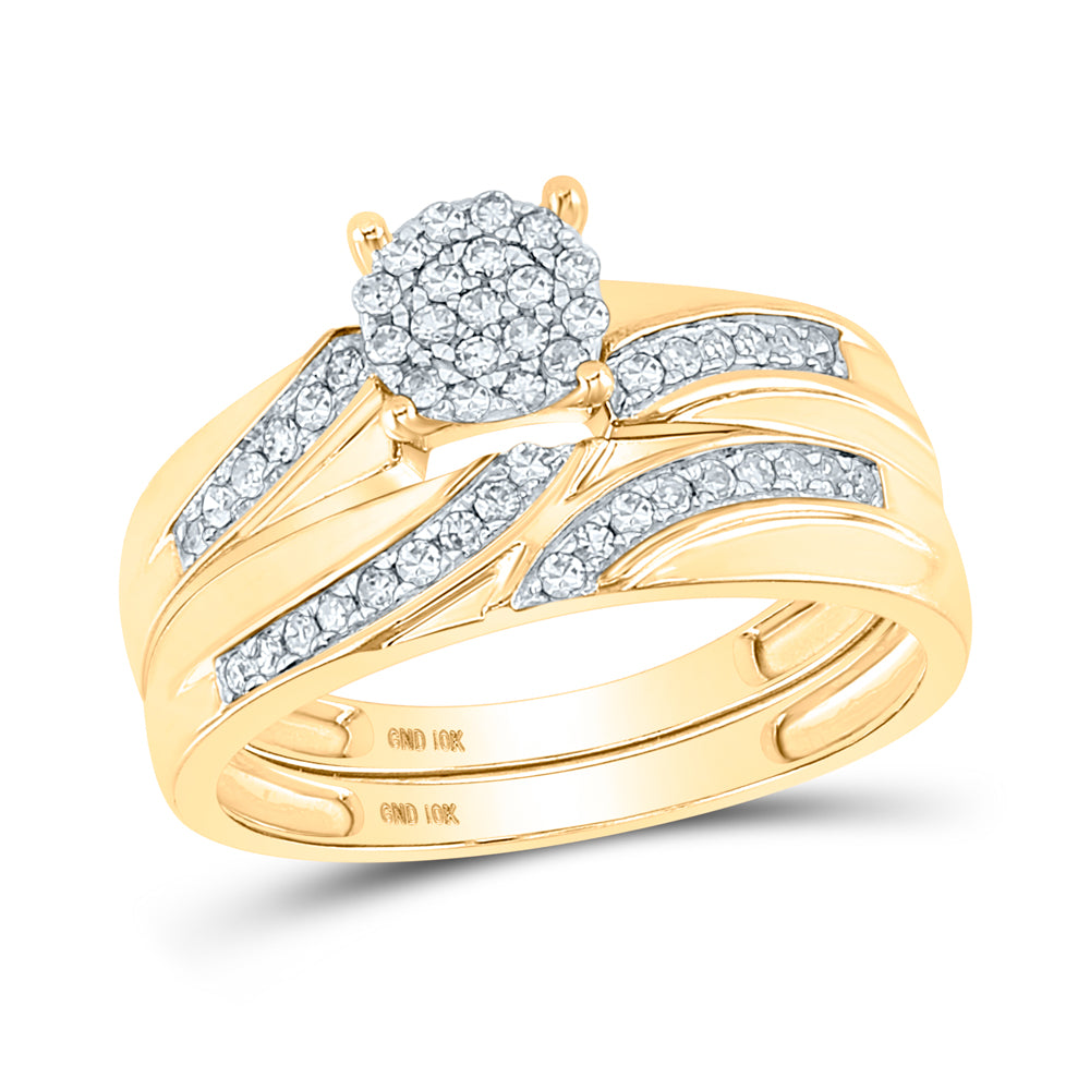 10kt Yellow Gold His & Hers Round Diamond Cluster Matching Bridal Wedding Ring Band Set 1/2 Cttw