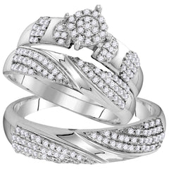 10kt White Gold His Hers Round Diamond Cluster Matching Bridal Wedding Ring Band Set 3/4 Cttw