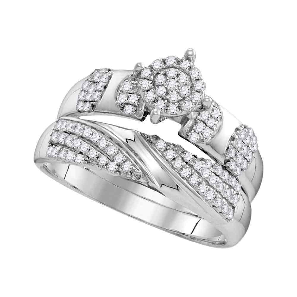 10kt White Gold His Hers Round Diamond Cluster Matching Bridal Wedding Ring Band Set 3/4 Cttw