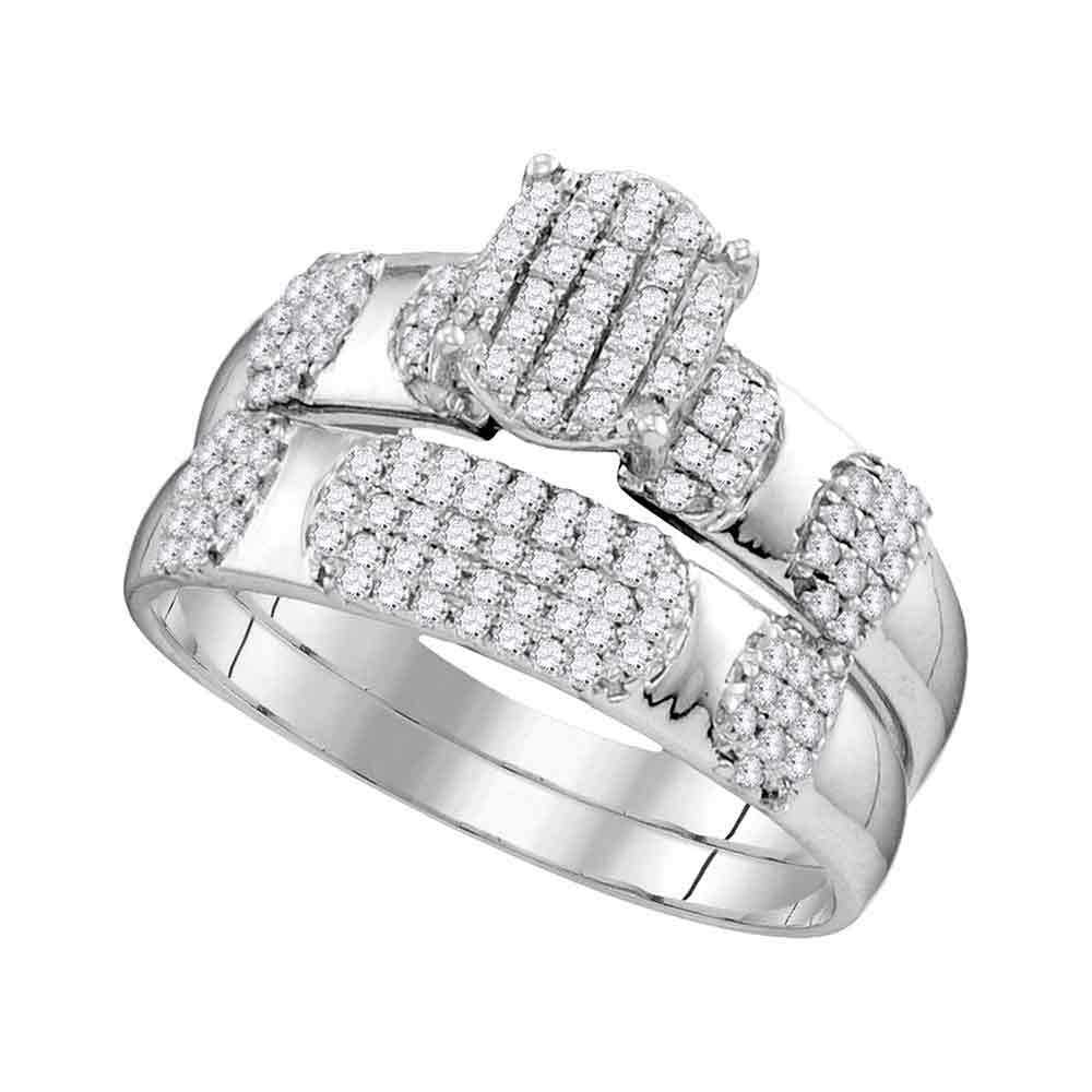 10kt White Gold His Hers Round Diamond Oval Matching Bridal Wedding Ring Band Set 3/4 Cttw
