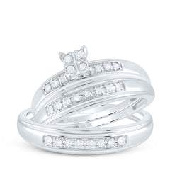 10kt White Gold His & Hers Round Diamond Square Cluster Matching Bridal Wedding Ring Band Set 1/5 Cttw