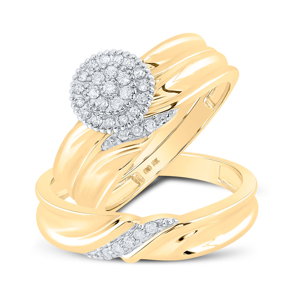 10k Yellow Gold Diamond His & Hers Matching Trio Wedding Engagement Bridal Ring Set 1/4 Cttw