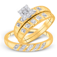 10kt Yellow Gold His & Hers Round Diamond Cluster Matching Bridal Wedding Ring Band Set 1/8 Cttw