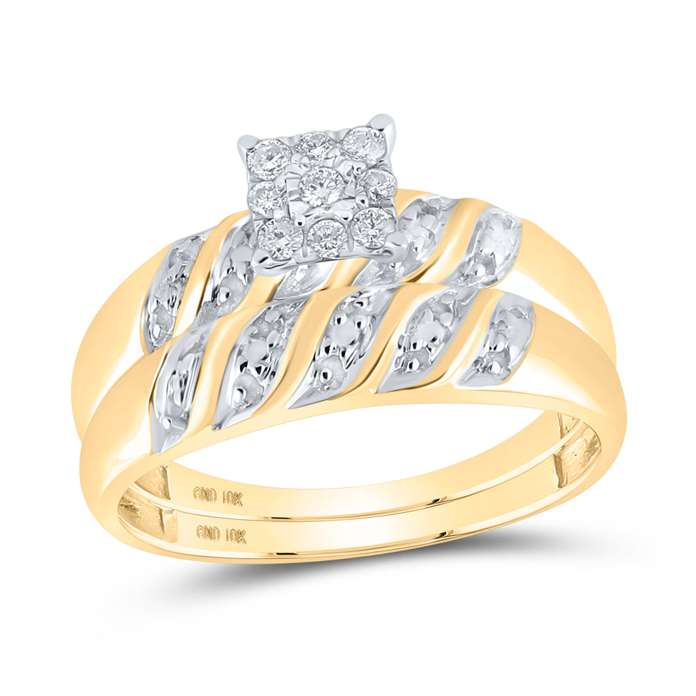10kt Yellow Gold His & Hers Round Diamond Cluster Matching Bridal Wedding Ring Band Set 1/8 Cttw