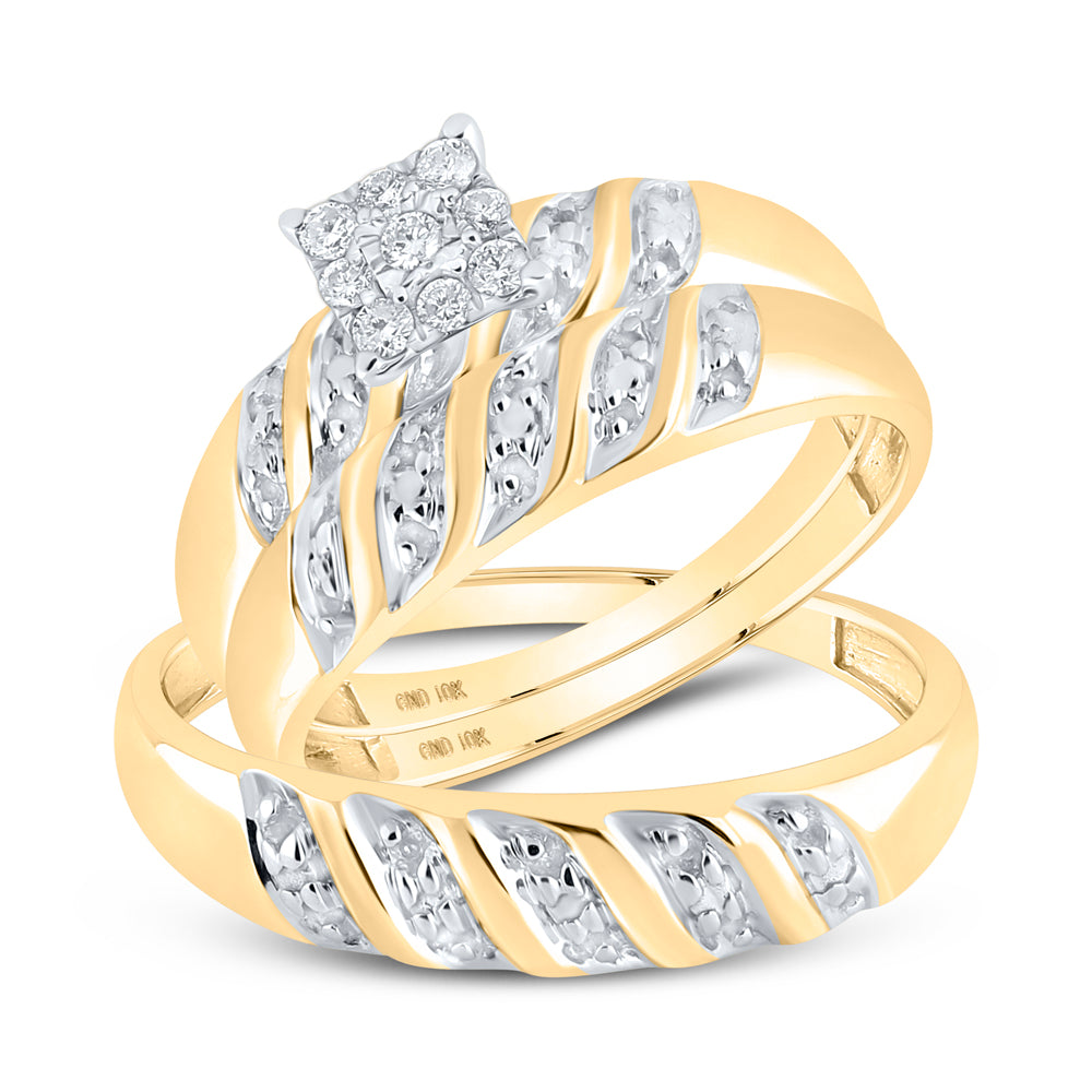 10kt Yellow Gold His & Hers Round Diamond Cluster Matching Bridal Wedding Ring Band Set 1/8 Cttw