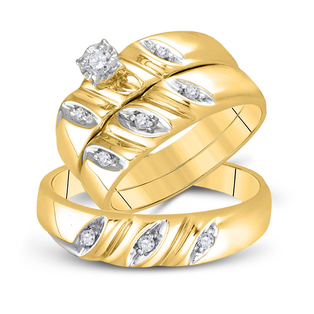 Yellow-Tone Sterling Silver His Hers Round Diamond Solitaire Matching Bridal Wedding Ring Band Set 1/5 Cttw