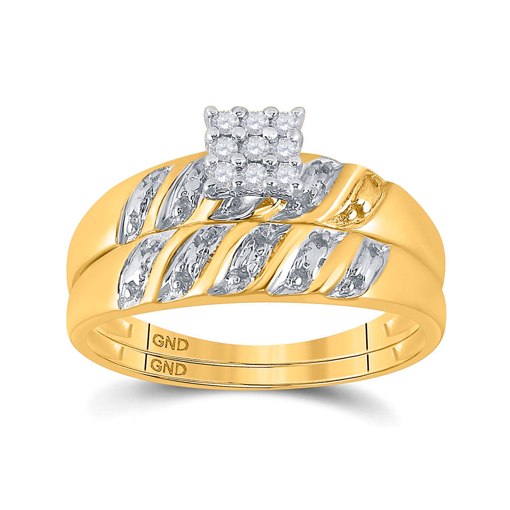 10kt Yellow Gold His & Hers Round Diamond Cluster Matching Bridal Wedding Ring Band Set 1/10 Cttw