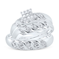 10kt White Gold His & Hers Round Diamond Cluster Matching Bridal Wedding Ring Band Set 1/10 Cttw
