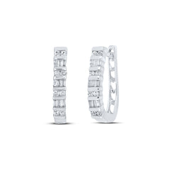 Sterling Silver Womens Baguette Diamond Fashion Hoop Earrings 1/3 Cttw