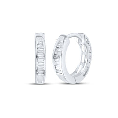 Sterling Silver Womens Baguette Diamond Huggie Earrings 1/8 Cttw