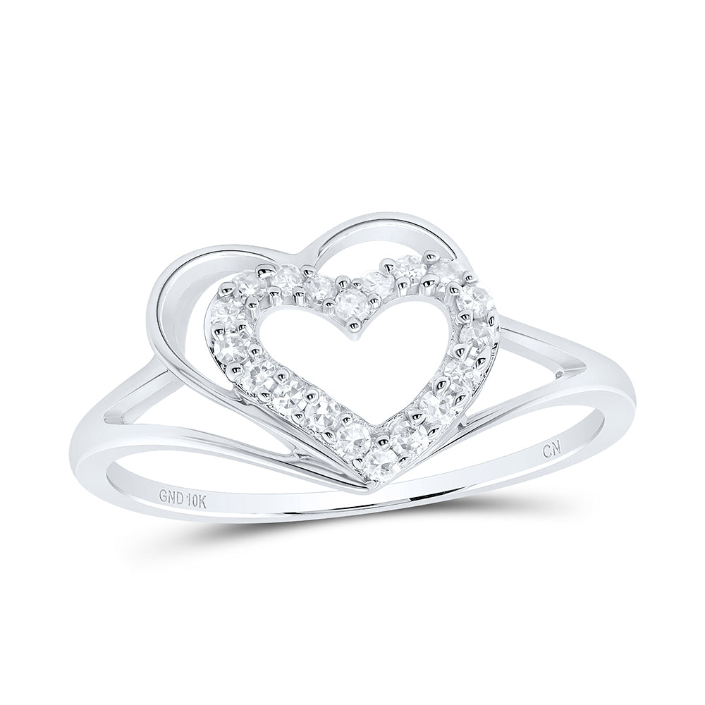 10K White Gold Womens Round Natural Diamond Double Nested Heart Ring 1/8 CTW 1.53 Gram