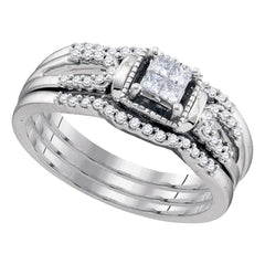10K White Gold Womens Princess Diamond 3-Piece Bridal Wedding Engagement Ring Band Set 1/4 CTW 3.65 Gram