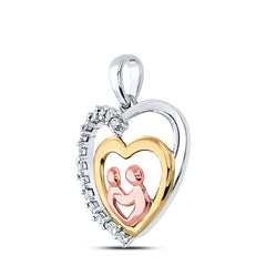 10kt Two-tone Gold Womens Round Diamond Child Mom Mother Heart Pendant 1/20 Cttw
