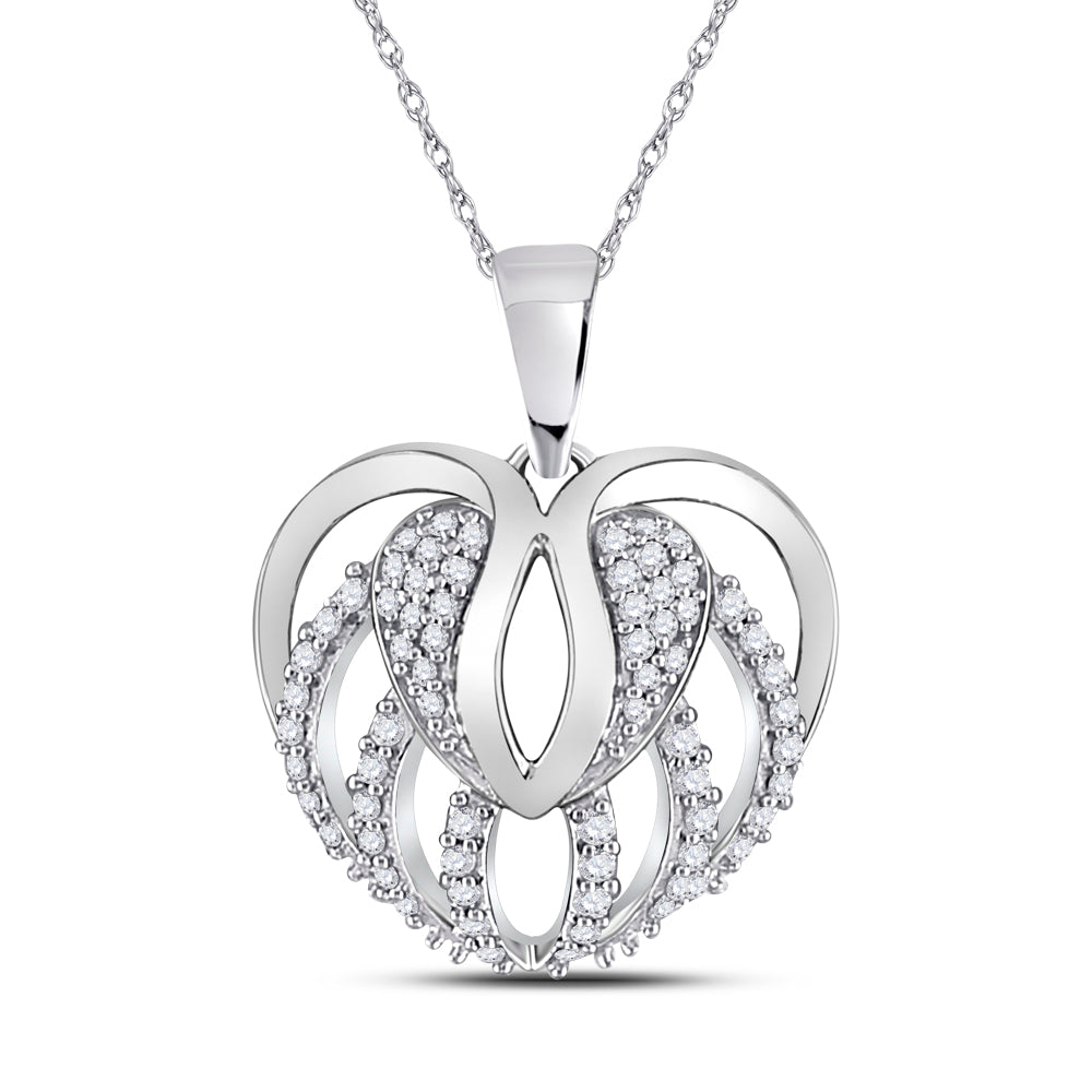 10kt White Gold Womens Round Diamond Open Strand Heart Pendant 1/5 Cttw