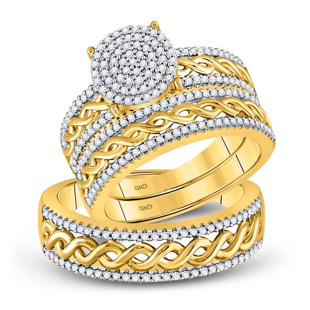 10kt Yellow Gold His Hers Round Diamond Cluster Matching Bridal Wedding Ring Band Set 5/8 Cttw