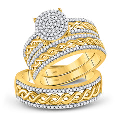 10kt Yellow Gold His Hers Round Diamond Cluster Matching Bridal Wedding Ring Band Set 5/8 Cttw