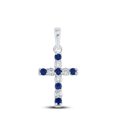 10kt White Gold Womens Round Lab-Created Blue Sapphire Cross Faith Pendant 1/3 Cttw