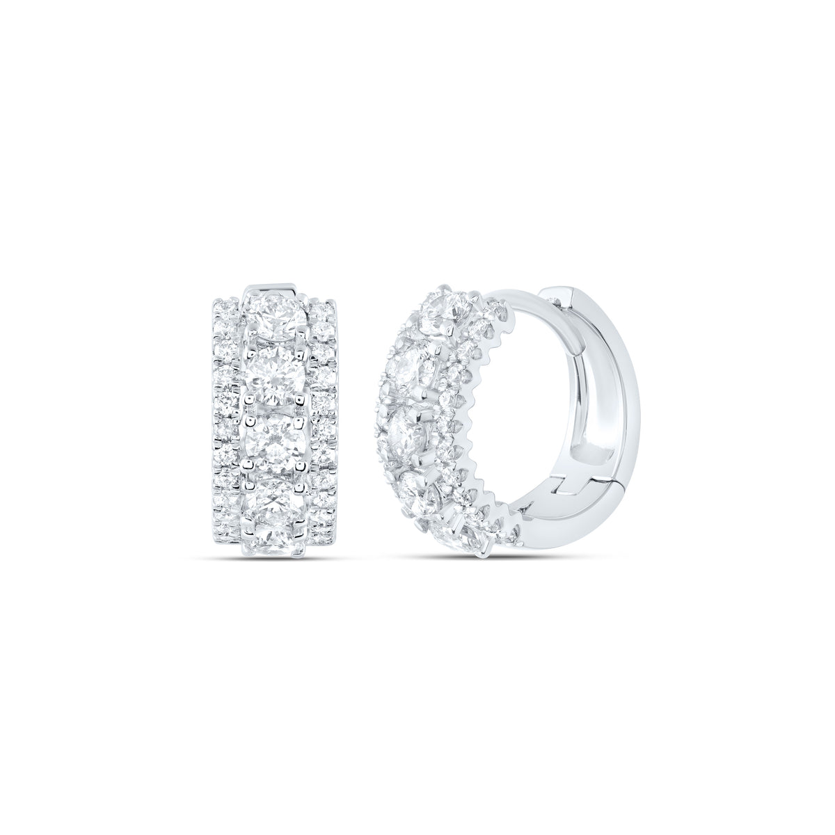 14K White Gold Womens Round Natural Diamond 3-Row Huggie Earrings 1.00 CTW 3.04 Gram