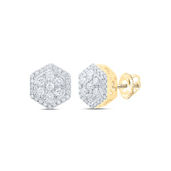 10kt Yellow Gold Mens Round Diamond Hexagonal Cluster Earrings 1/2 Cttw