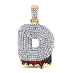 10kt Yellow Gold Mens Round Red Color Enhanced Diamond ""D"" Letter Charm Pendant 7/8 Cttw
