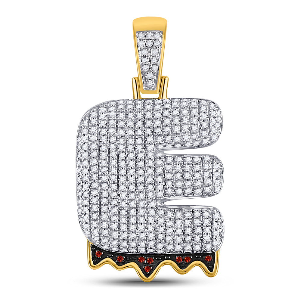 10kt Yellow Gold Mens Round Red Color Enhanced Diamond ""E"" Letter Charm Pendant 1.00 Cttw