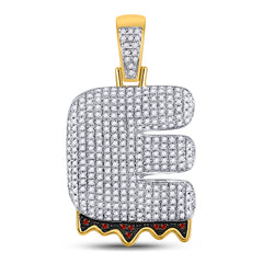 10kt Yellow Gold Mens Round Red Color Enhanced Diamond ""E"" Letter Charm Pendant 1.00 Cttw