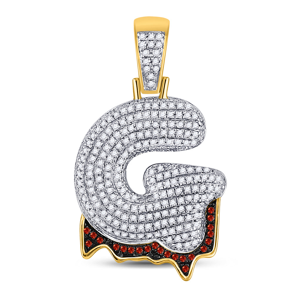 10kt Yellow Gold Mens Round Red Color Enhanced Diamond ""G"" Letter Charm Pendant 7/8 Cttw
