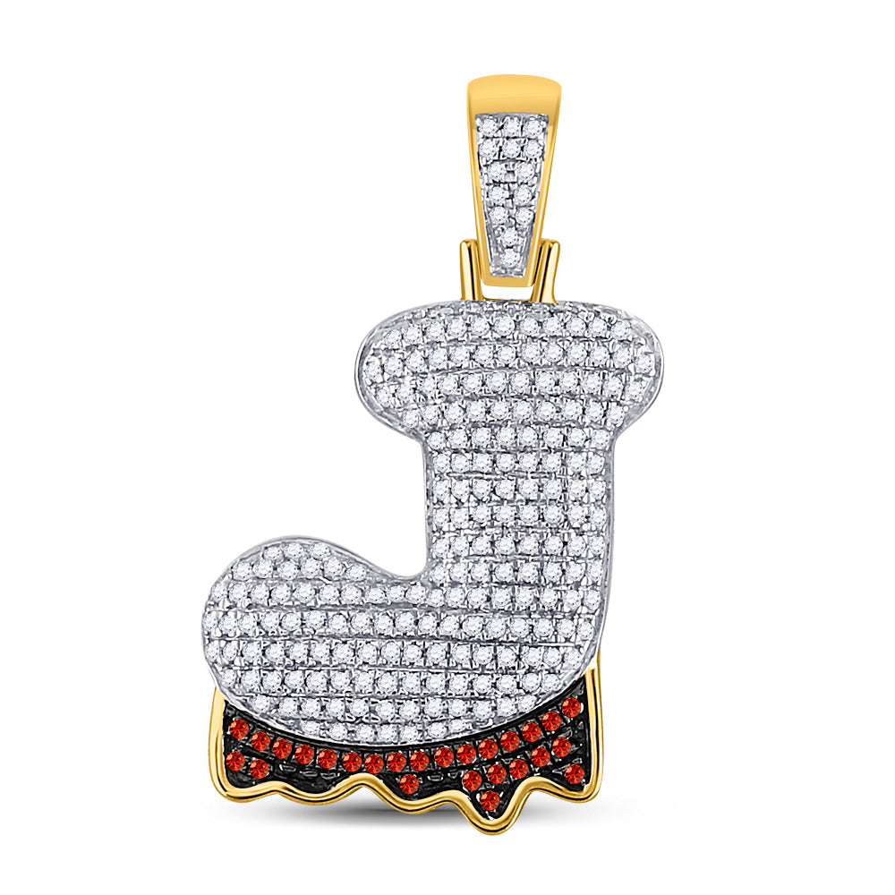 10kt Yellow Gold Mens Round Red Color Enhanced Diamond ""J"" Letter Charm Pendant 3/4 Cttw