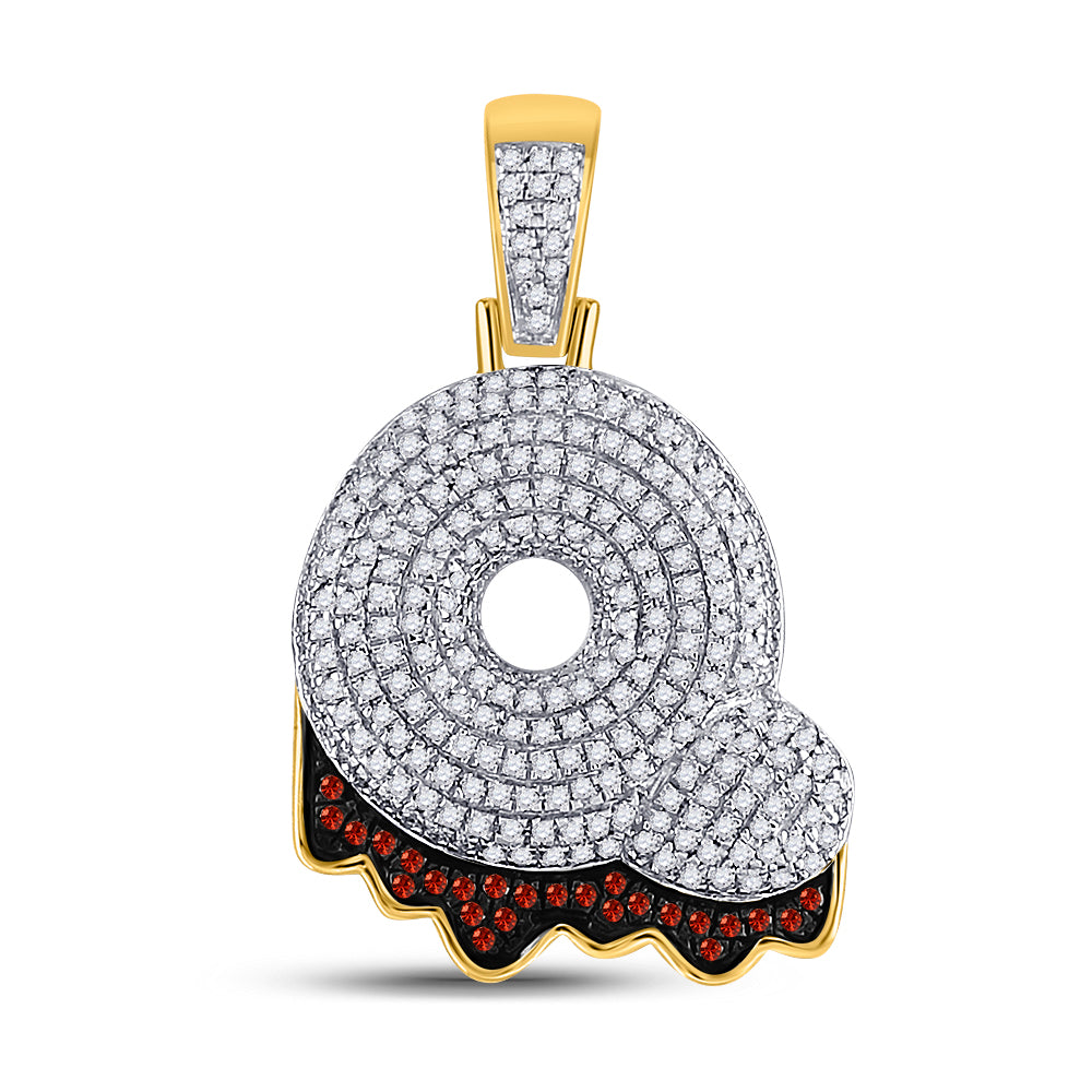 10kt Yellow Gold Mens Round Red Color Enhanced Diamond ""Q"" Letter Charm Pendant 7/8 Cttw