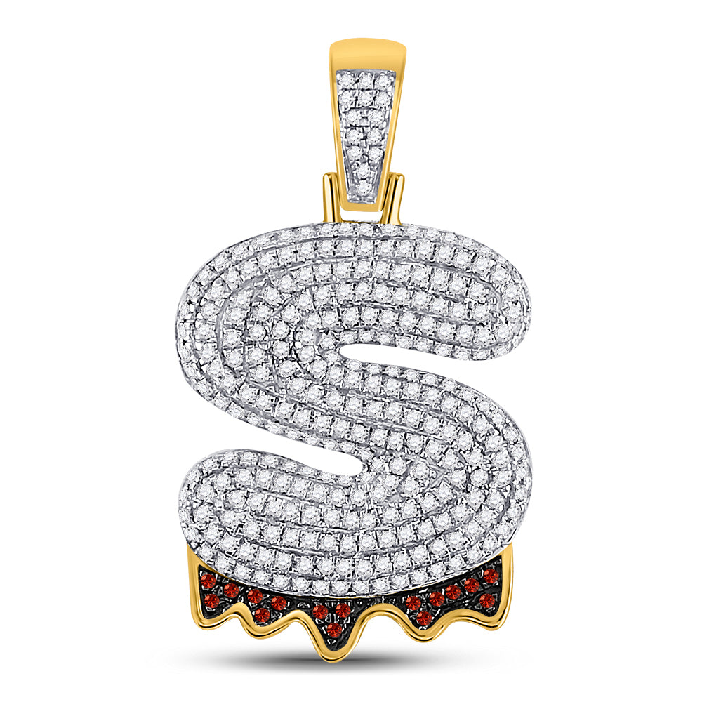 10kt Yellow Gold Mens Round Red Color Enhanced Diamond ""S"" Letter Charm Pendant 7/8 Cttw