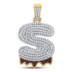 10kt Yellow Gold Mens Round Red Color Enhanced Diamond ""S"" Letter Charm Pendant 7/8 Cttw