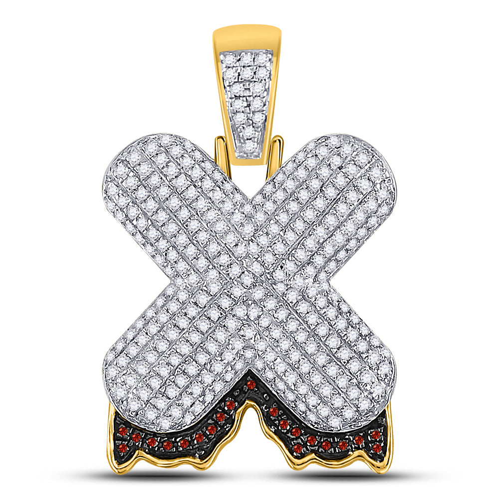 10kt Yellow Gold Mens Round Red Color Enhanced Diamond ""X"" Letter Charm Pendant 7/8 Cttw