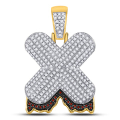 10kt Yellow Gold Mens Round Red Color Enhanced Diamond ""X"" Letter Charm Pendant 7/8 Cttw