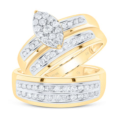 10kt Yellow Gold His & Hers Round Diamond Cluster Matching Bridal Wedding Ring Band Set 3/4 Cttw