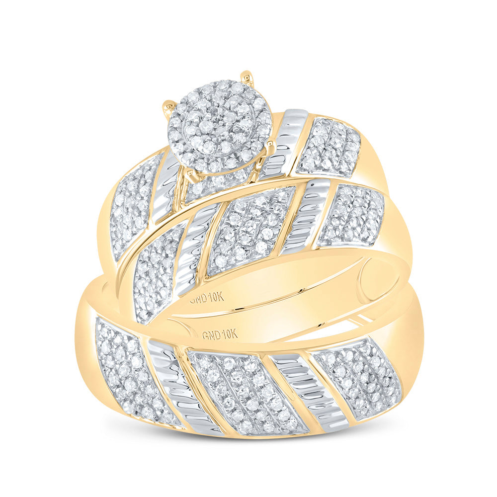 10kt Yellow Gold His & Hers Round Diamond Cluster Matching Bridal Wedding Ring Band Set 1/2 Cttw