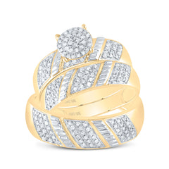 10kt Yellow Gold His & Hers Round Diamond Cluster Matching Bridal Wedding Ring Band Set 1/2 Cttw