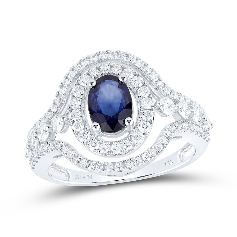 14kt White Gold Womens Oval Blue Sapphire Solitaire Ring 1-1/2 Cttw