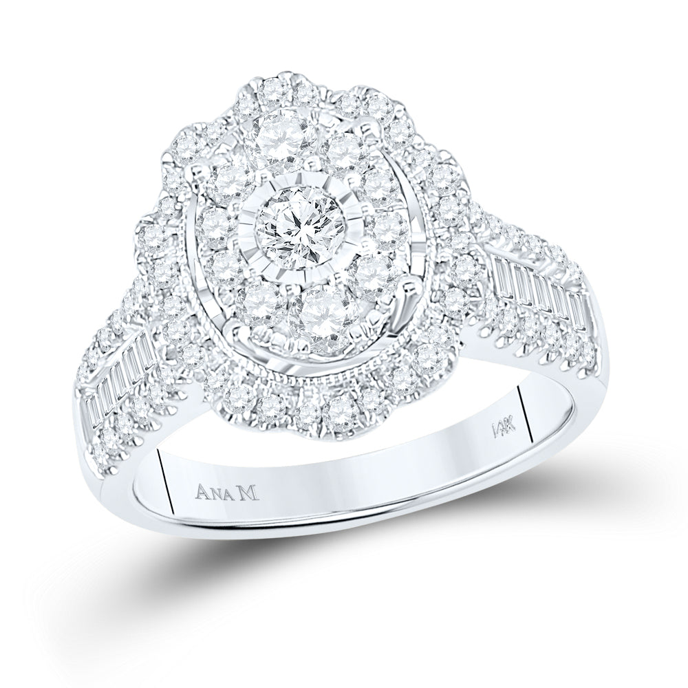 14kt White Gold Womens Round Diamond Right Hand Cluster Oval Ring 1-1/2 Cttw