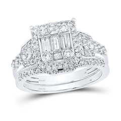 14kt White Gold Womens Baguette Diamond Bridal Wedding Engagement Ring Band Set 7/8 Cttw